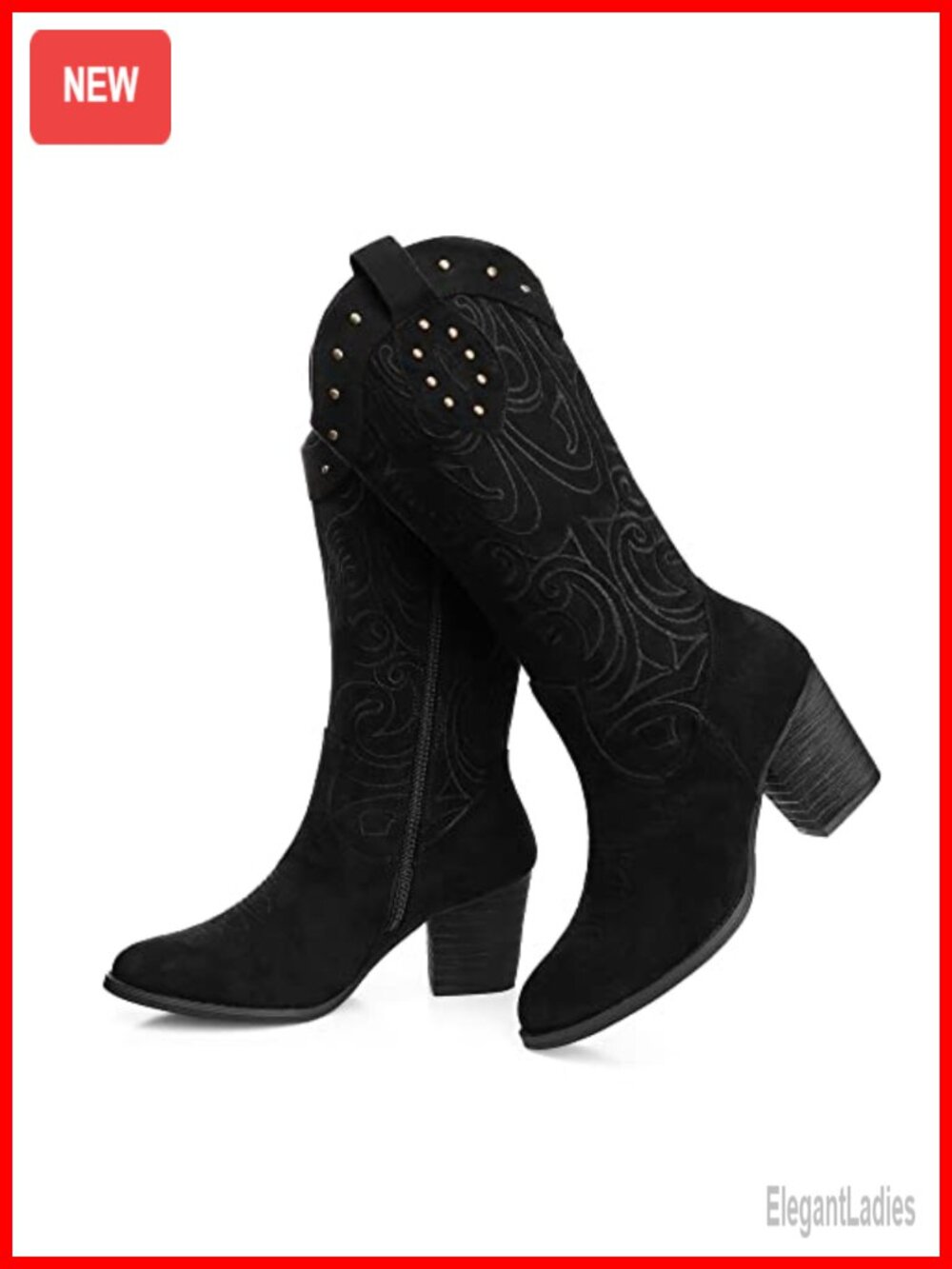 Mid Calf Cowboy Boots Faux Suede Chunky Block Heel Pointed Toe Western